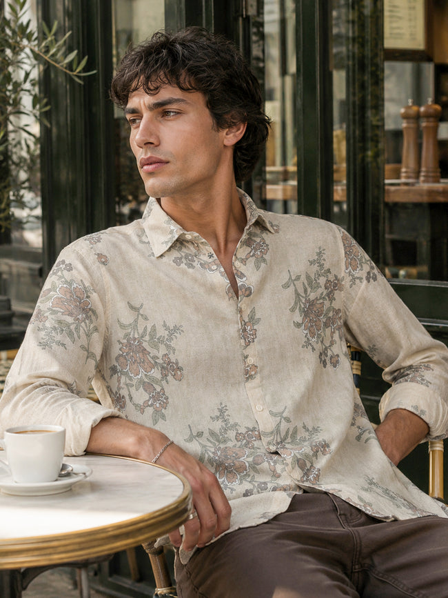 Men Beige Printed Rayon Regular Fit Shirt