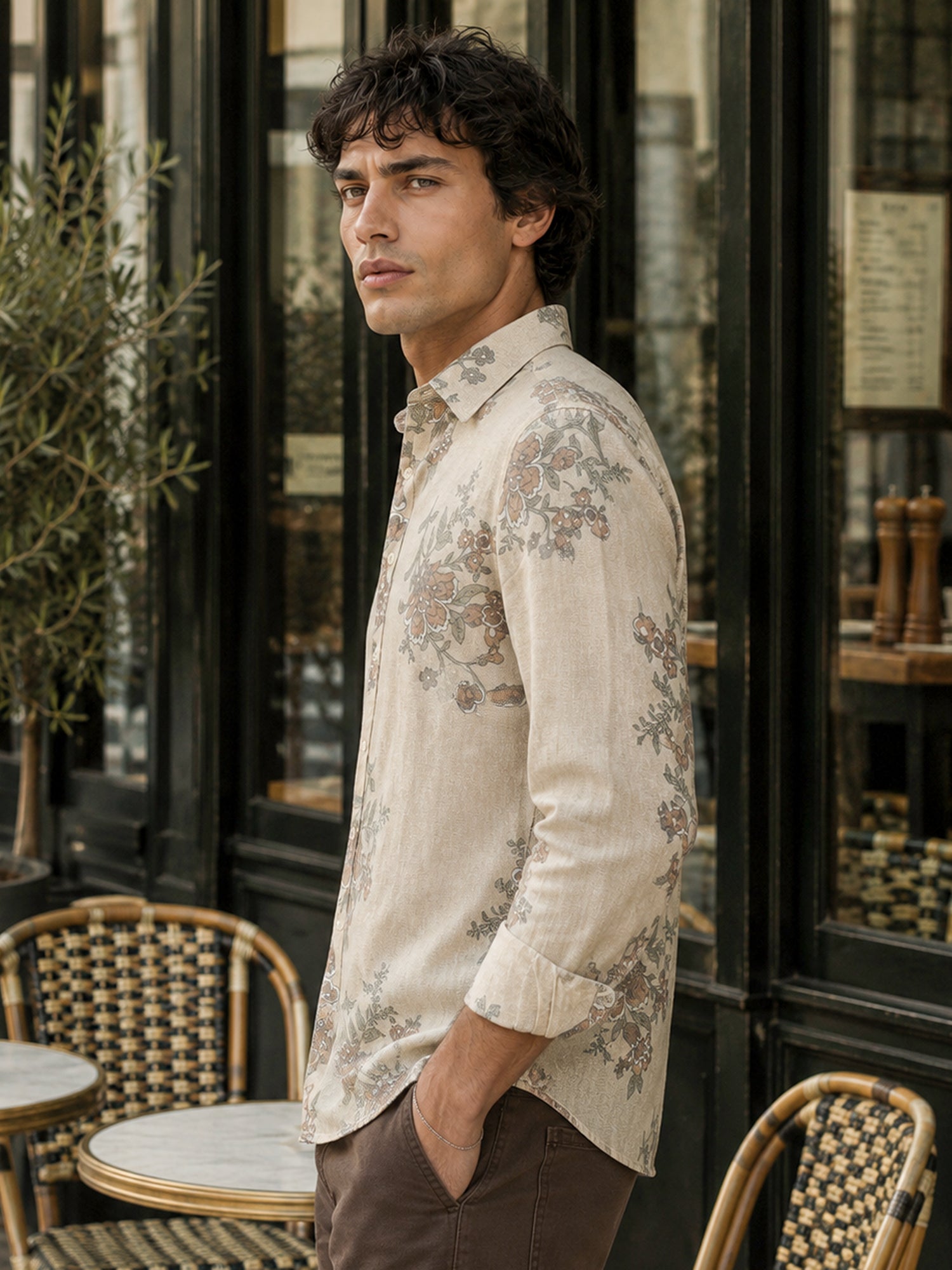 Men Beige Printed Rayon Regular Fit Shirt