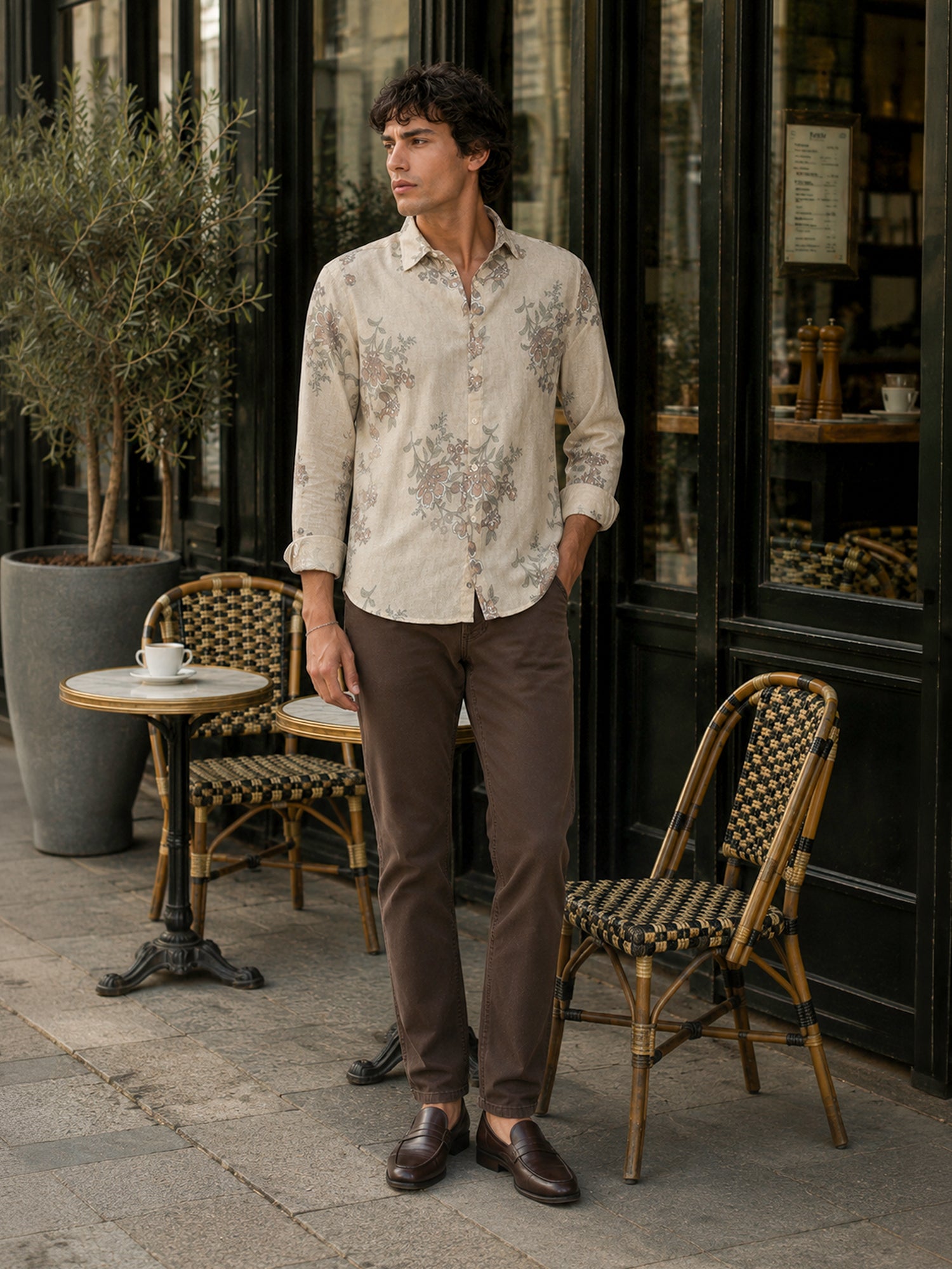 Men Beige Printed Rayon Regular Fit Shirt