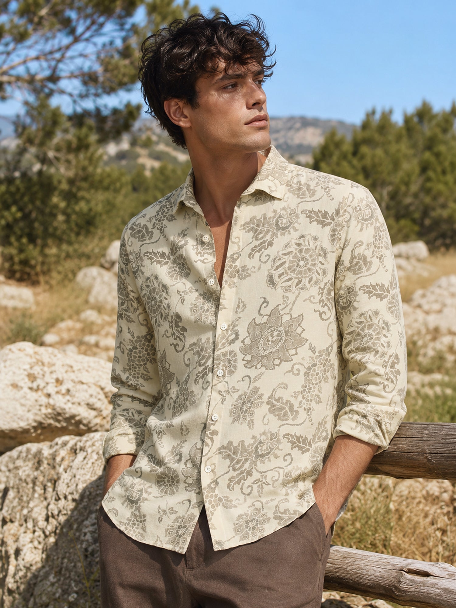 Men Beige Printed Regular Fit Shirt
