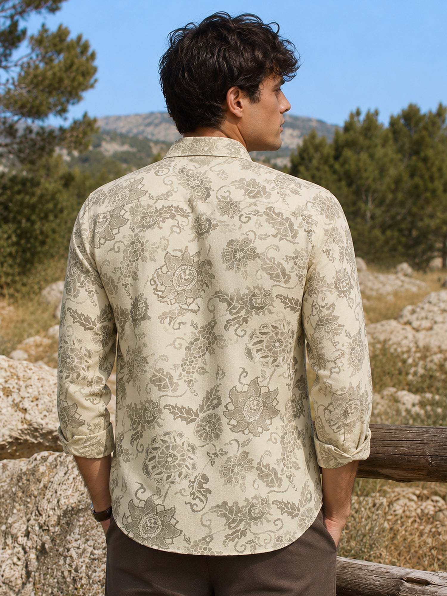 Men Beige Printed Regular Fit Shirt