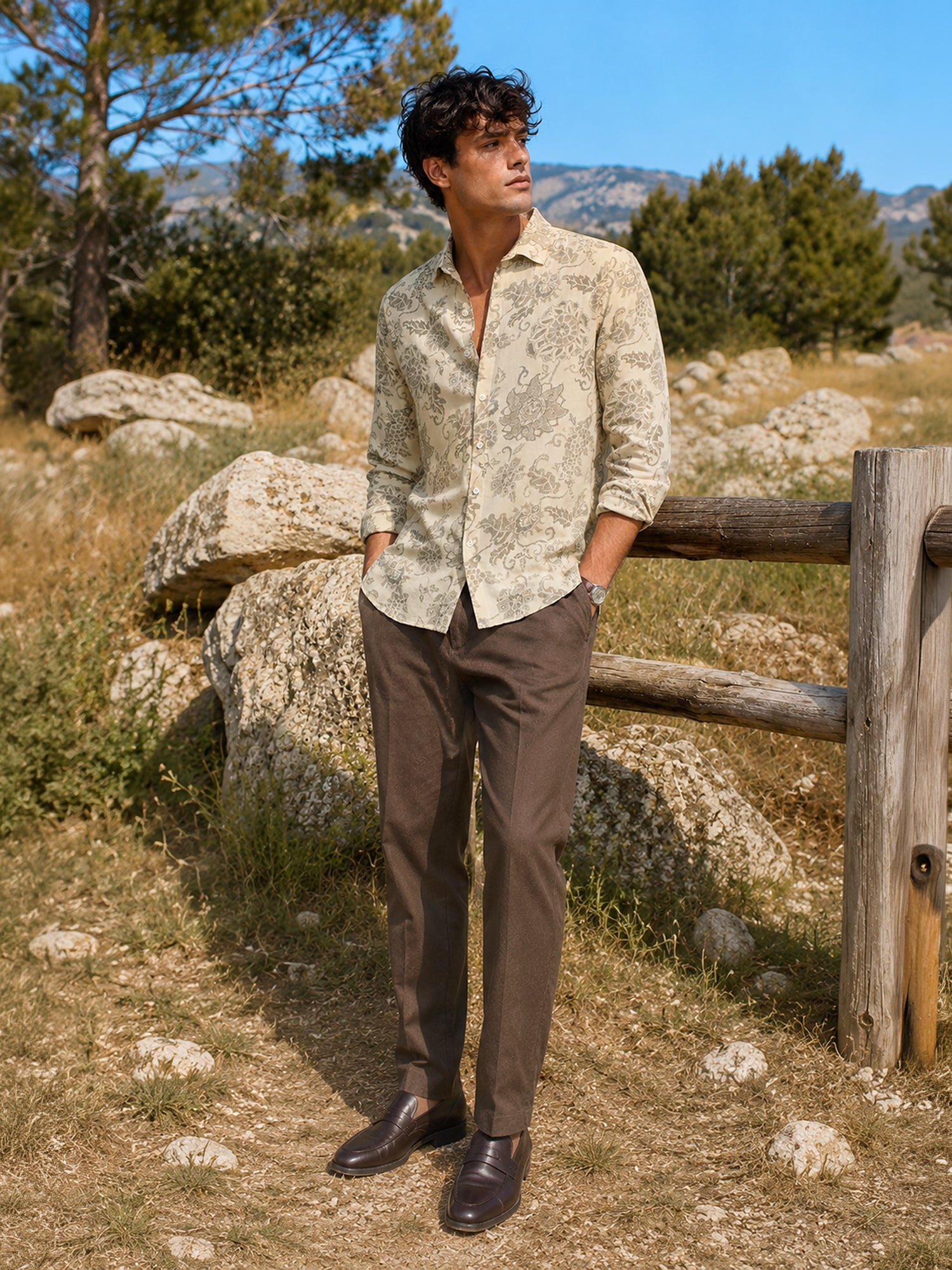 Men Beige Printed Regular Fit Shirt