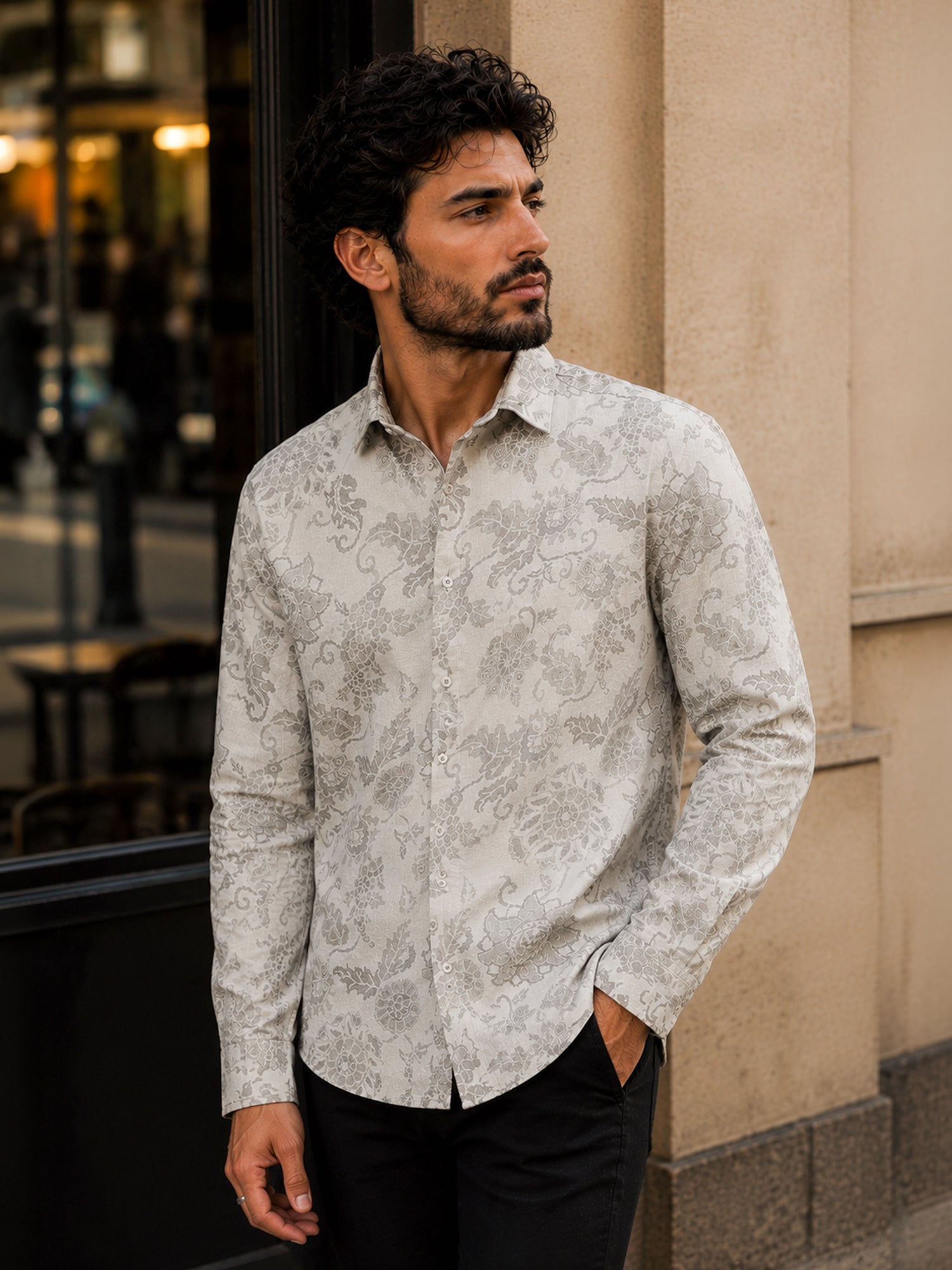 Men Grey Printed Regular Fit Shirt