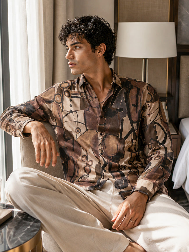 Men Brown Printed Regular Fit Shirt