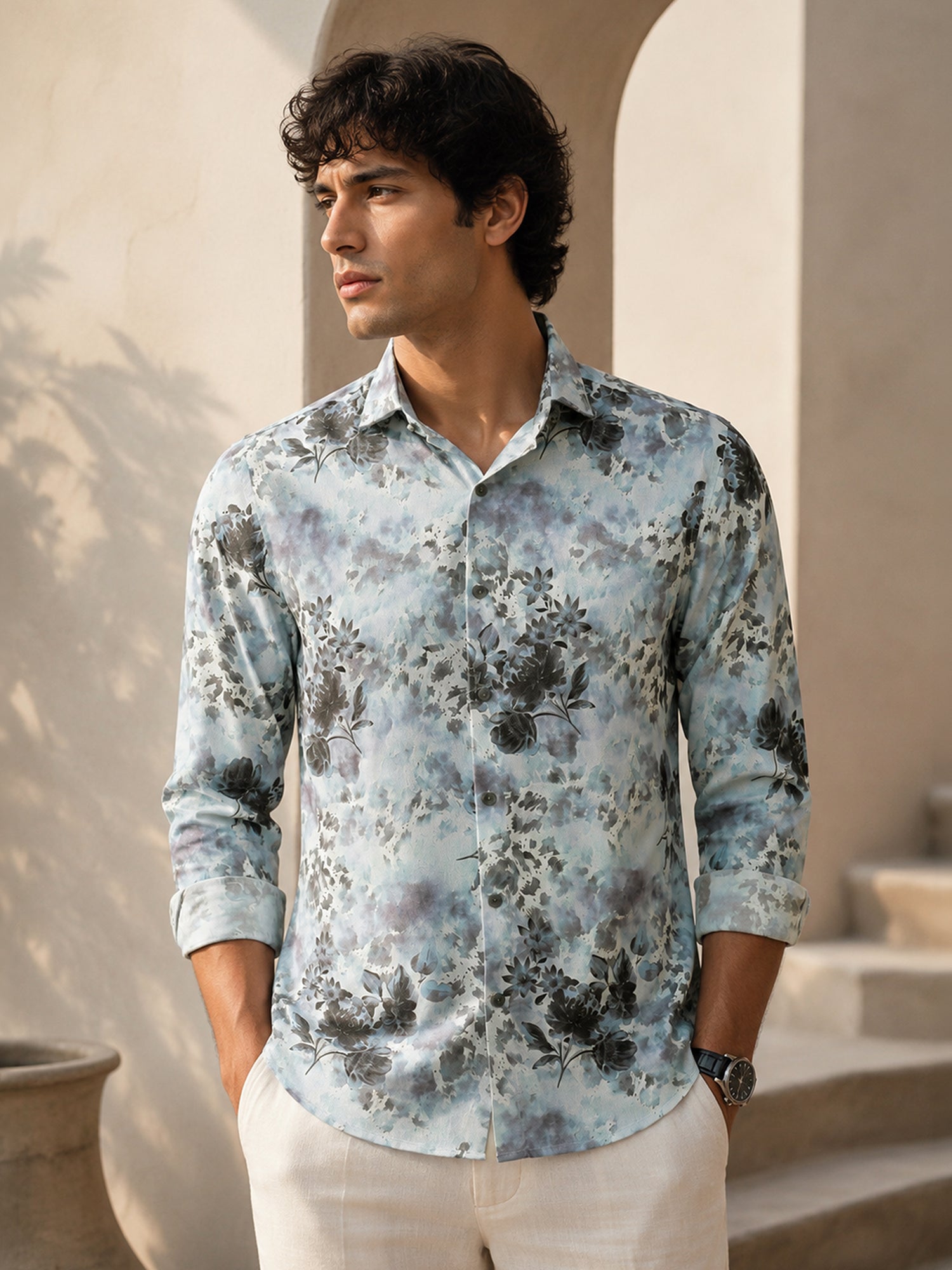 Men Light Blue Floral Print Full Sleeves Shirt