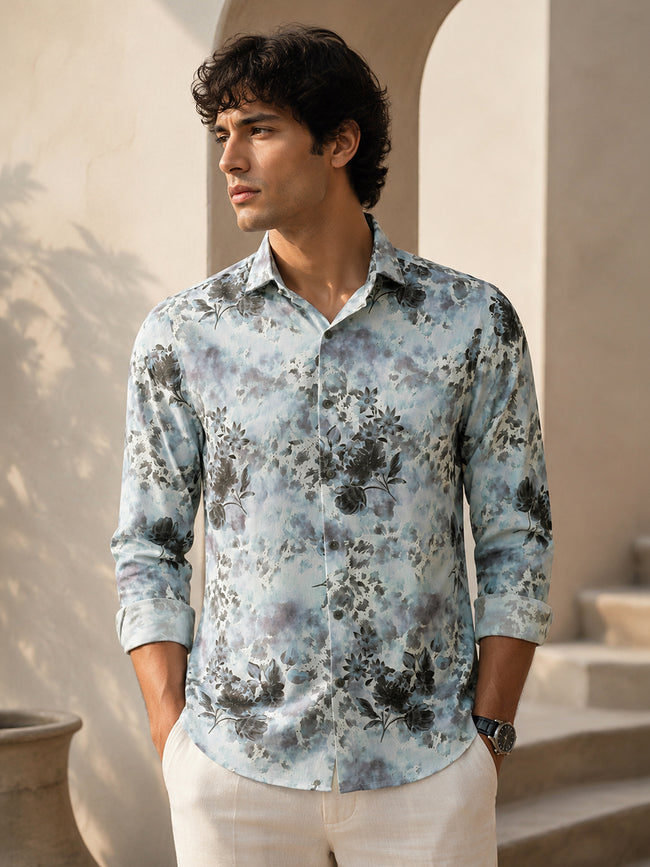 Men Light Blue Floral Print Full Sleeves Shirt