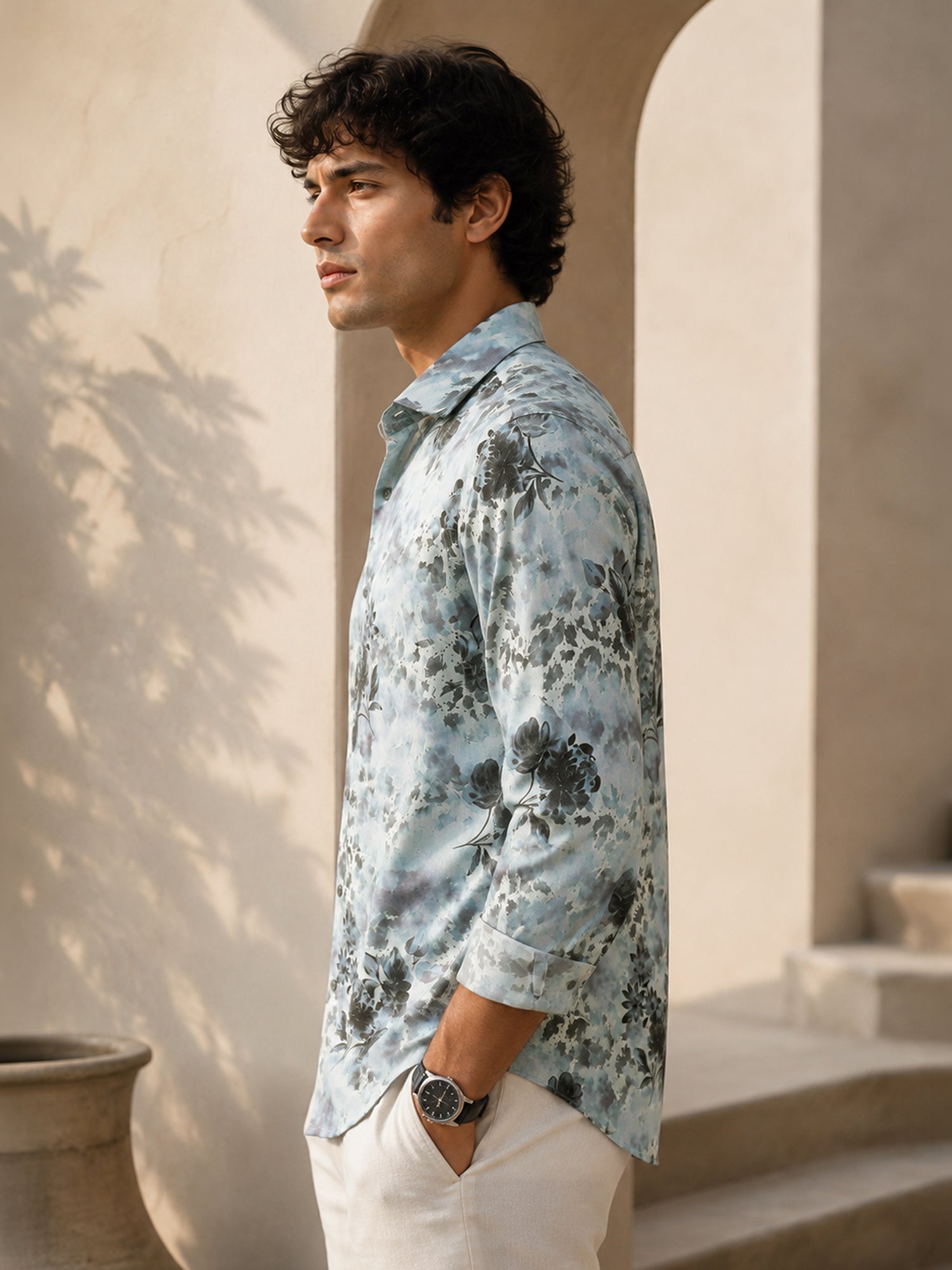 Men Light Blue Floral Print Full Sleeves Shirt