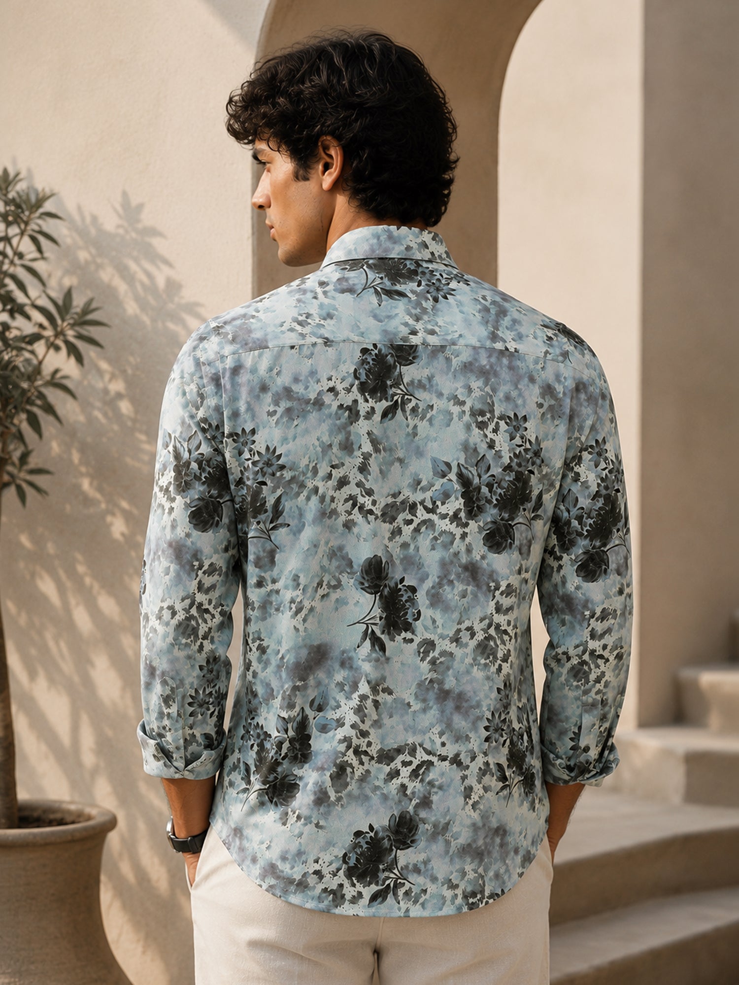 Men Light Blue Floral Print Full Sleeves Shirt