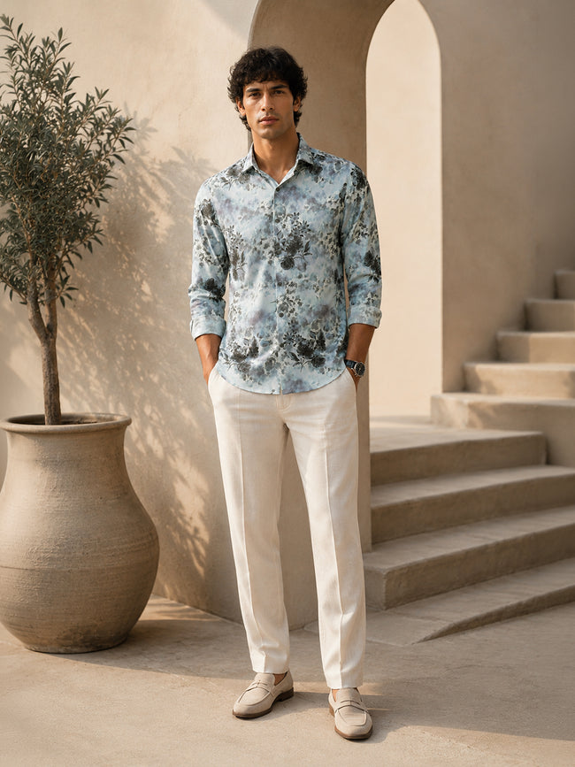 Men Light Blue Floral Print Full Sleeves Shirt