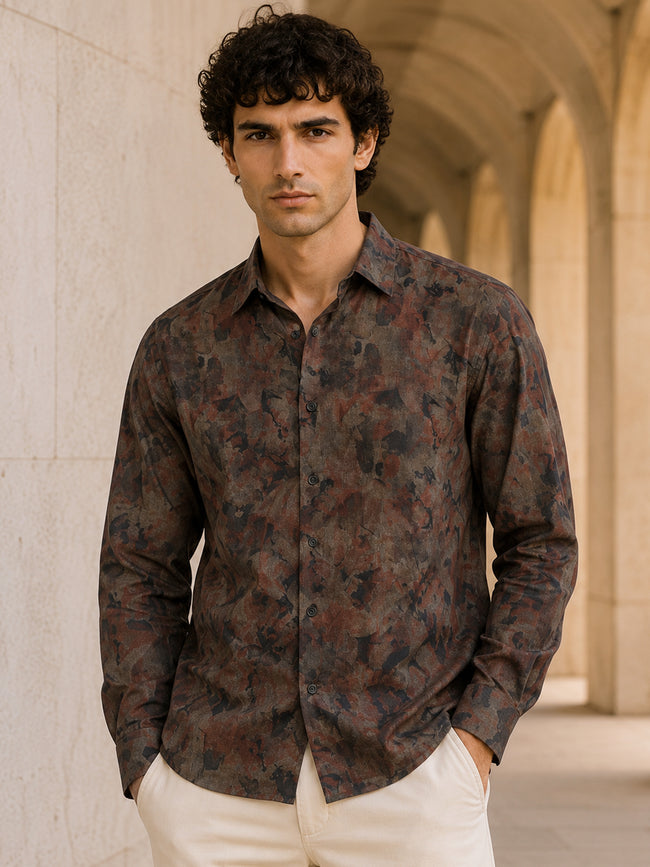 Men Brown Abstract Print Full Sleeves Shirt