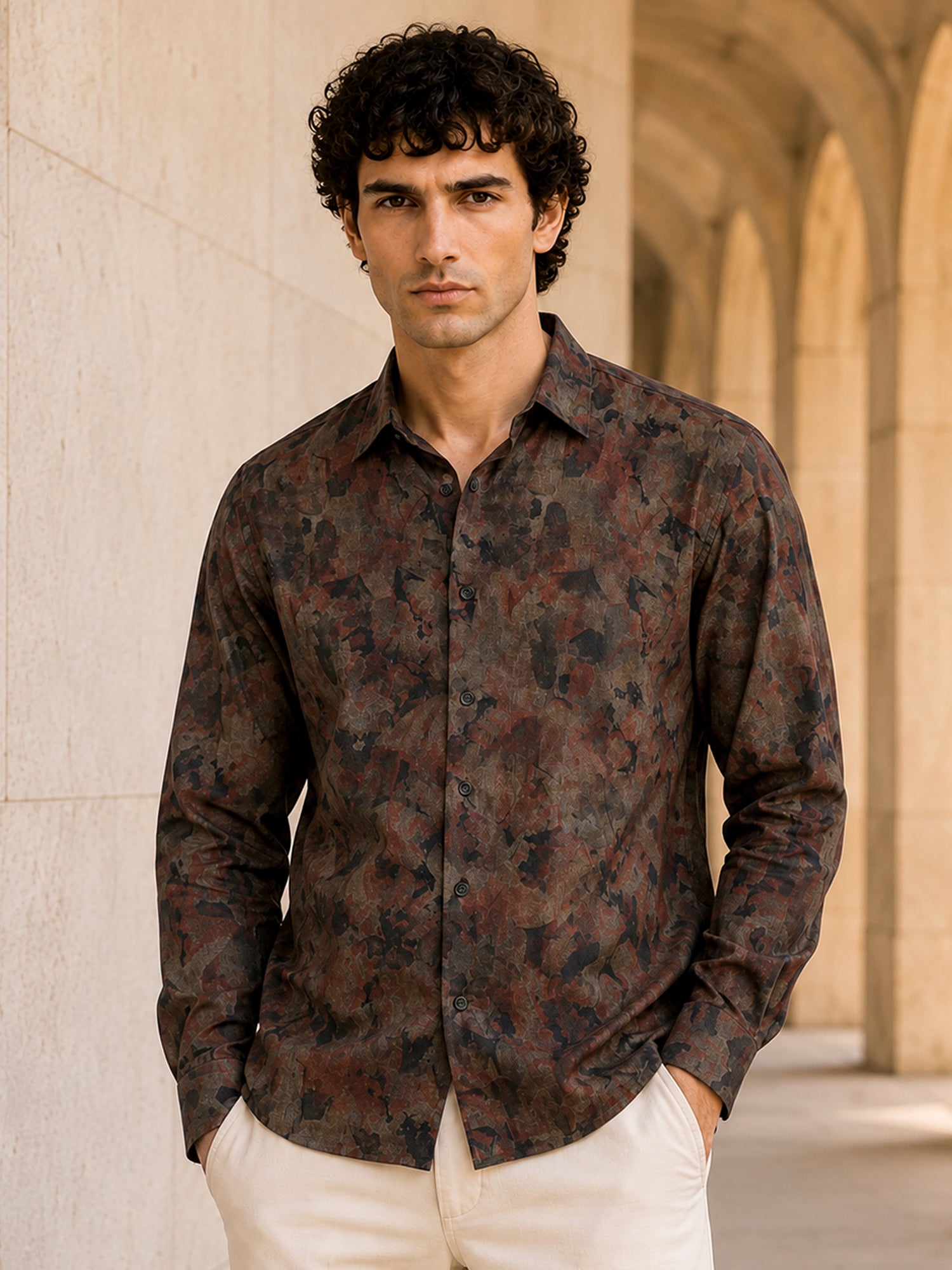 Men Brown Abstract Print Full Sleeves Shirt