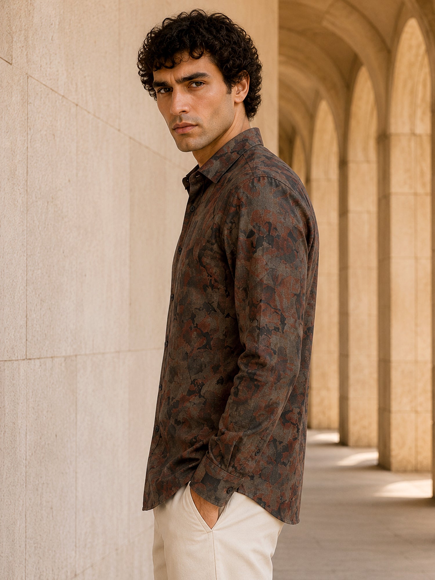 Men Brown Abstract Print Full Sleeves Shirt