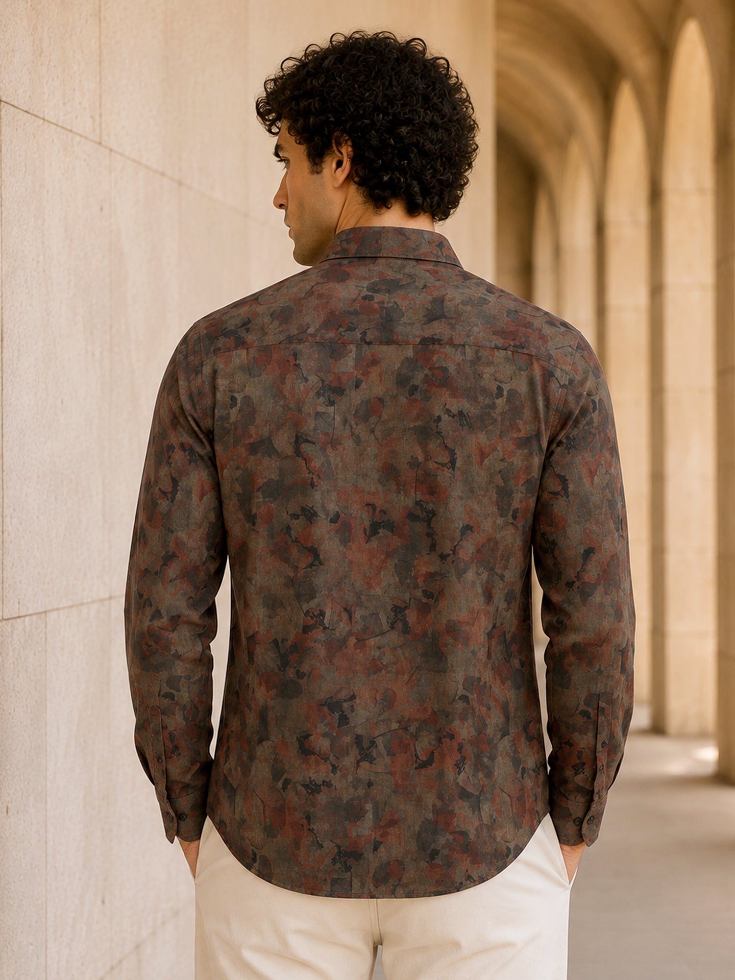Men Brown Abstract Print Full Sleeves Shirt