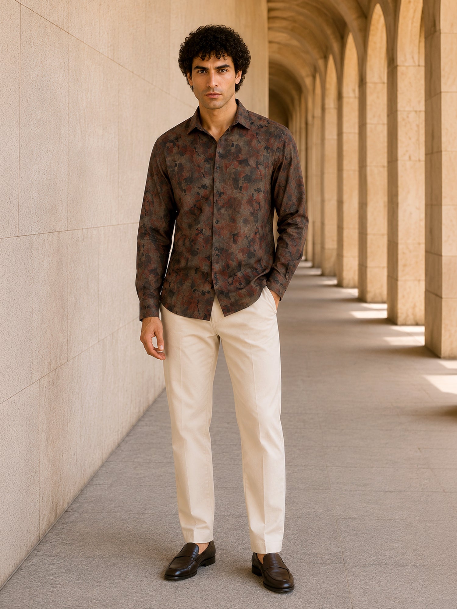 Men Brown Abstract Print Full Sleeves Shirt