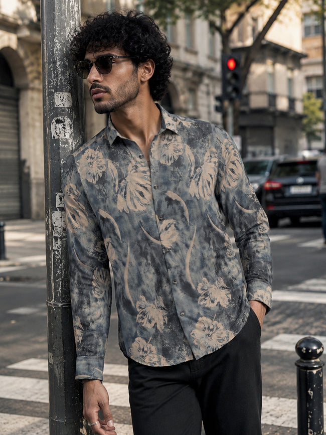 Men Grey Floral Printed Regular Fit Shirt