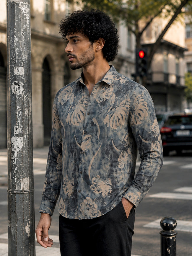 Men Grey Floral Printed Regular Fit Shirt