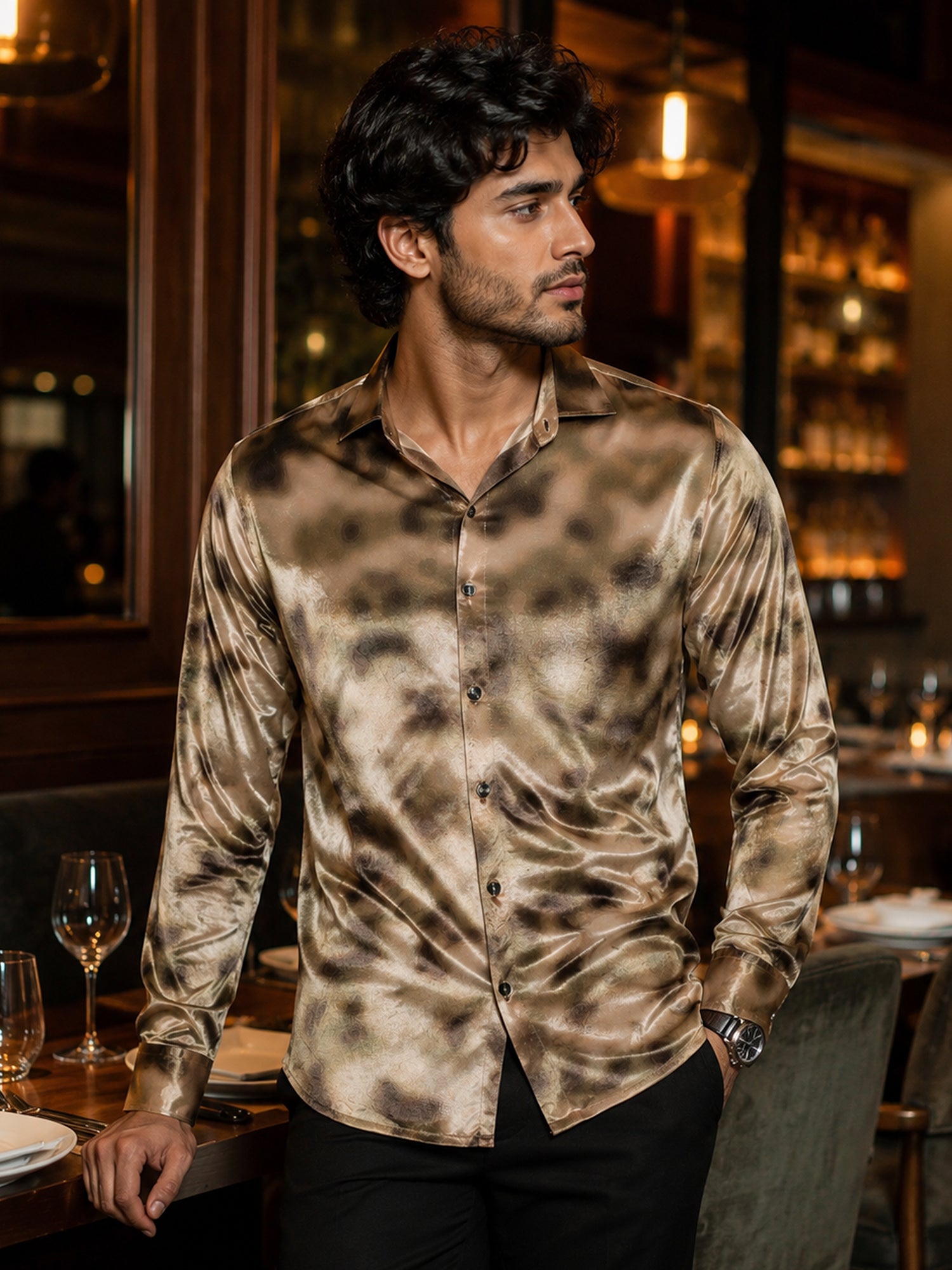 Men Brown Slim Fit Party Wear Shirt