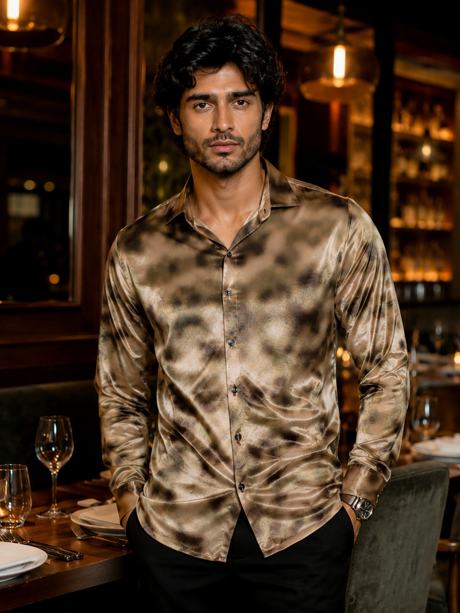 Men Brown Slim Fit Party Wear Shirt