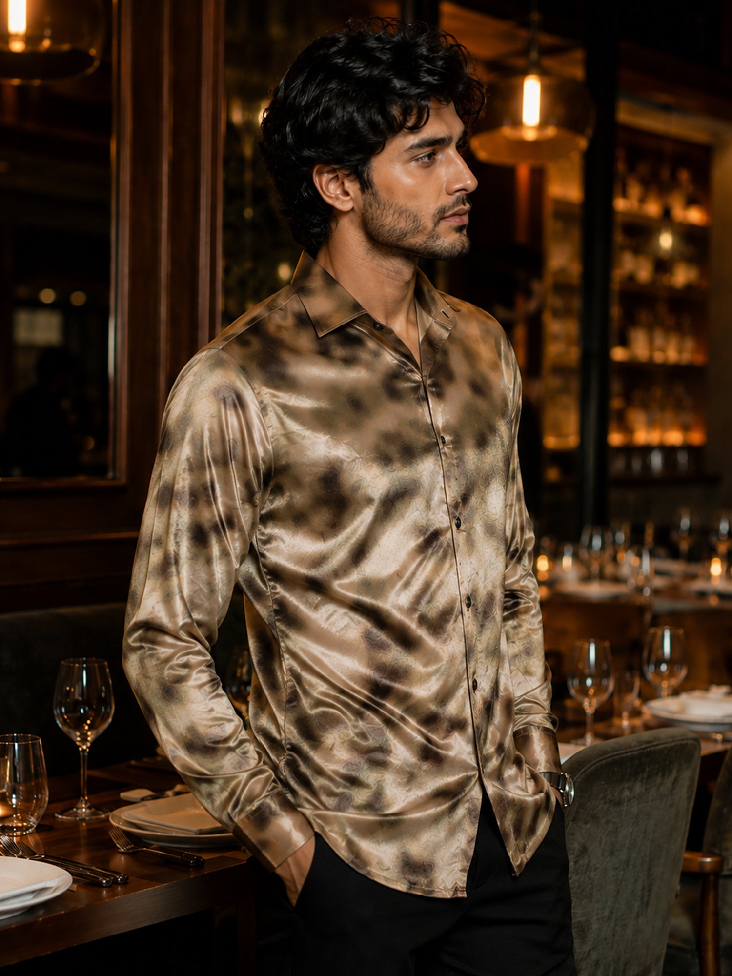 Men Brown Slim Fit Party Wear Shirt