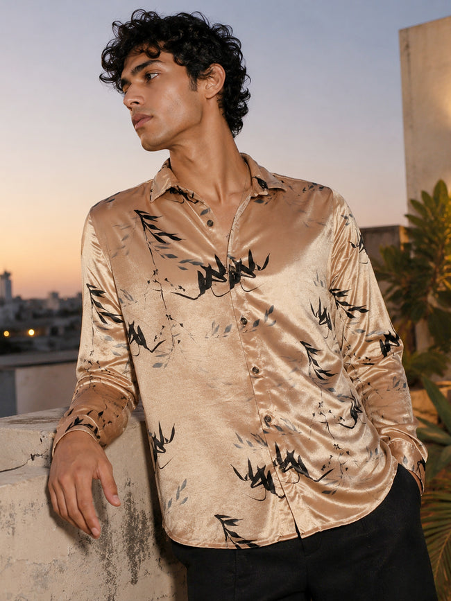 Men Gold Printed Velvet Regular Fit Shirt