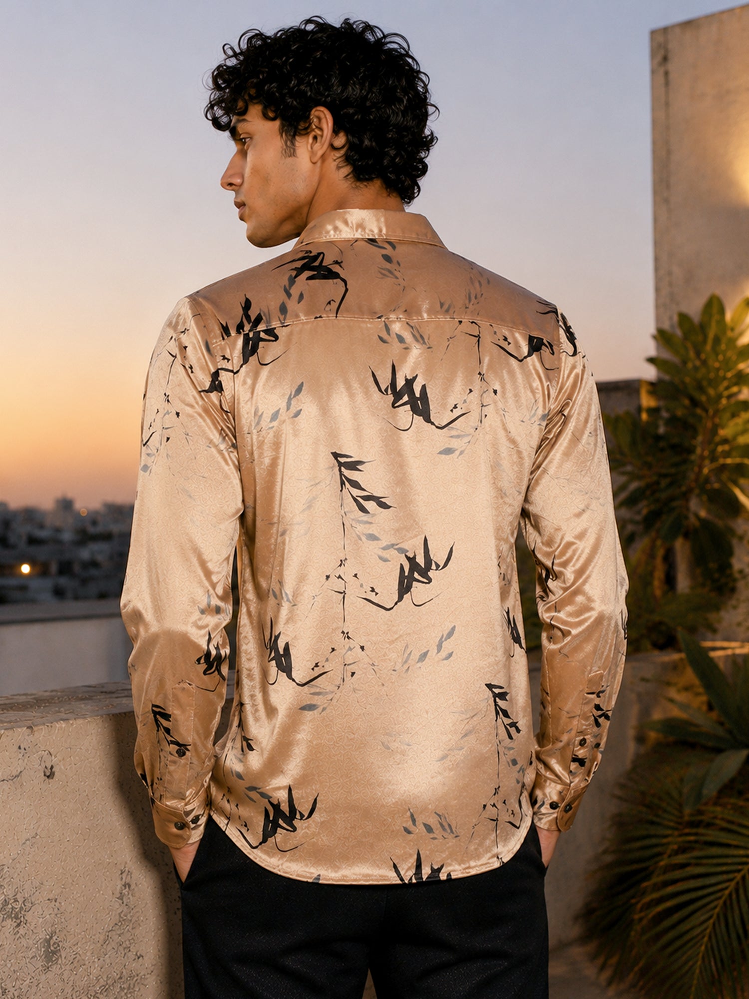 Men Gold Printed Velvet Regular Fit Shirt