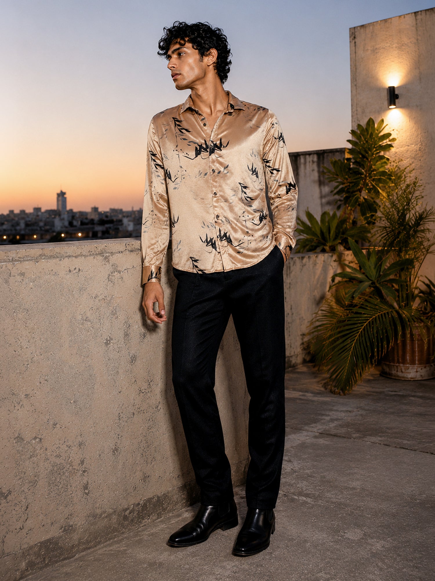 Men Gold Printed Velvet Regular Fit Shirt