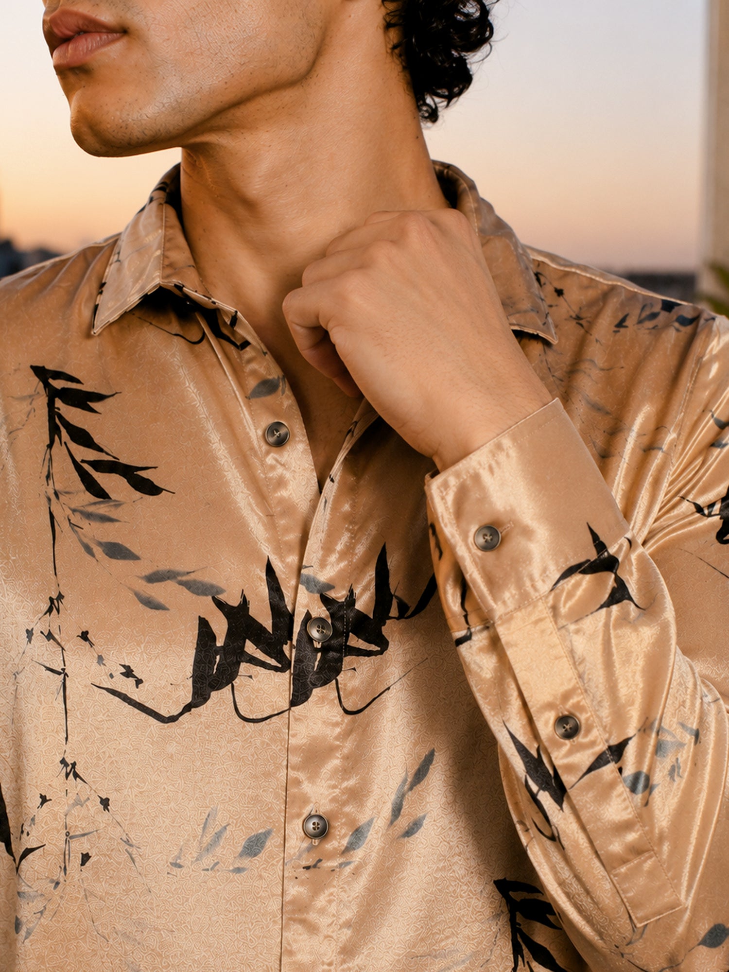 Men Gold Printed Velvet Regular Fit Shirt