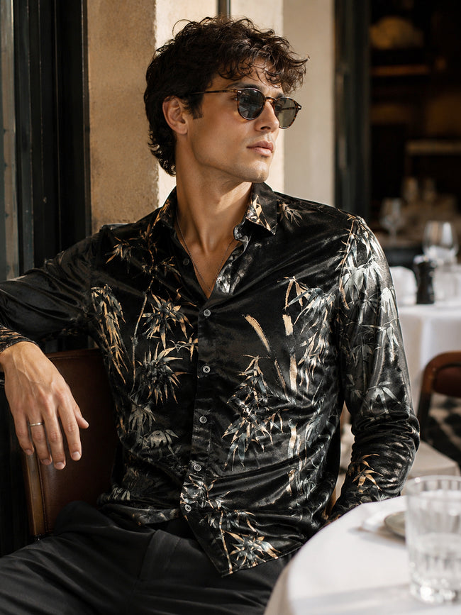 Men Black Floral Velvet Regular Fit Shirt