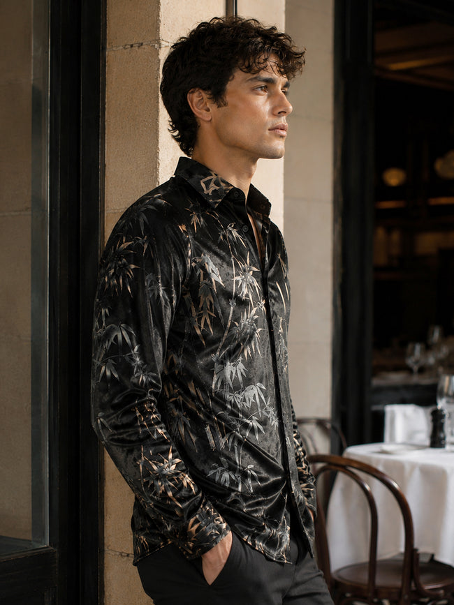 Men Black Floral Velvet Regular Fit Shirt