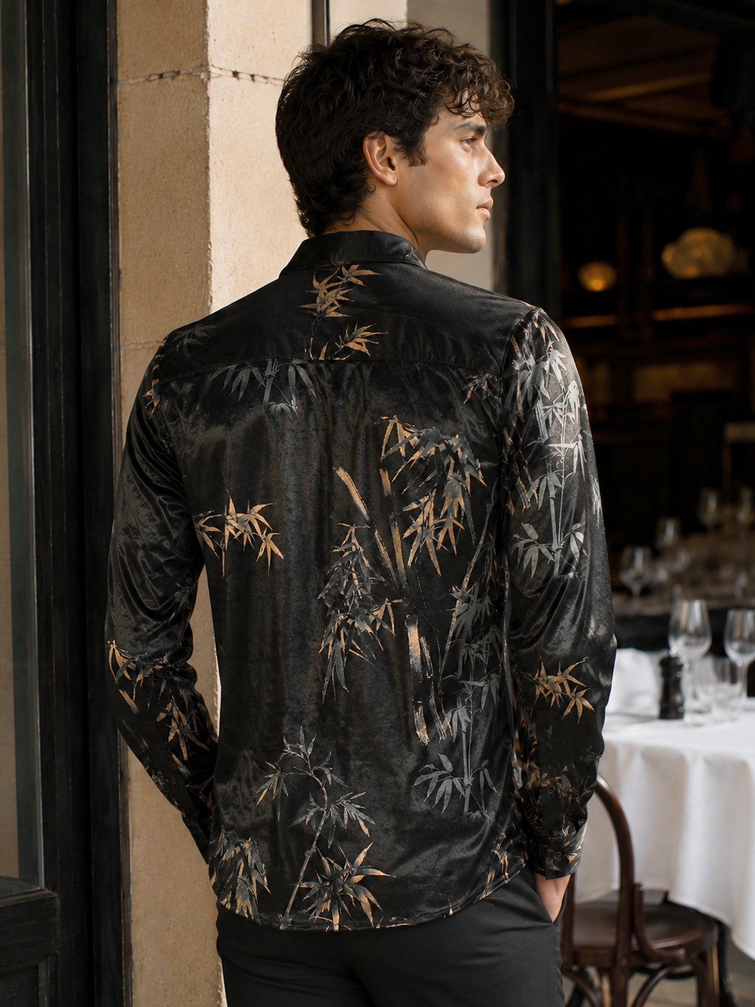 Men Black Floral Velvet Regular Fit Shirt