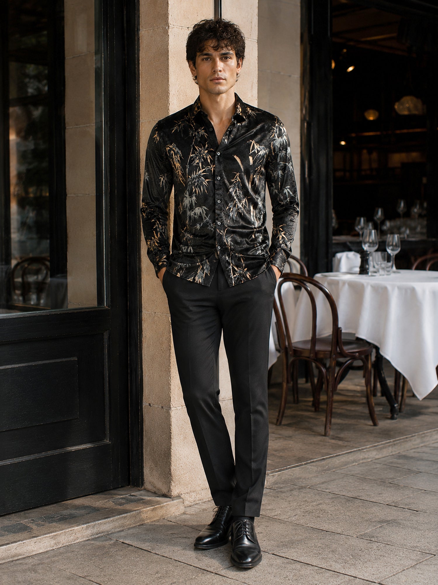 Men Black Floral Velvet Regular Fit Shirt