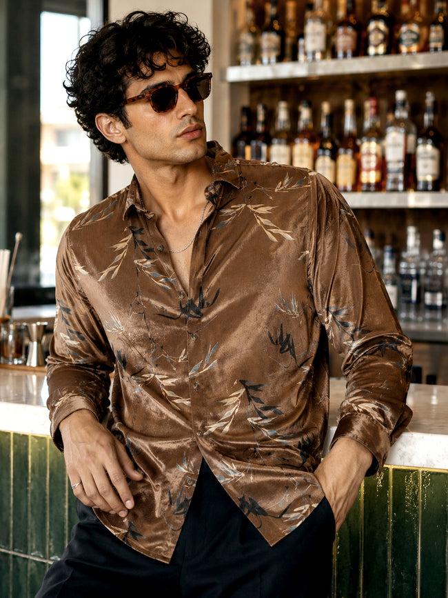 Men Brown Printed Velvet Regular Fit Shirt