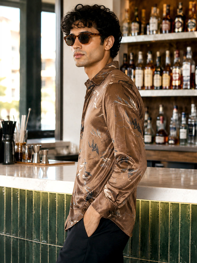Men Brown Printed Velvet Regular Fit Shirt
