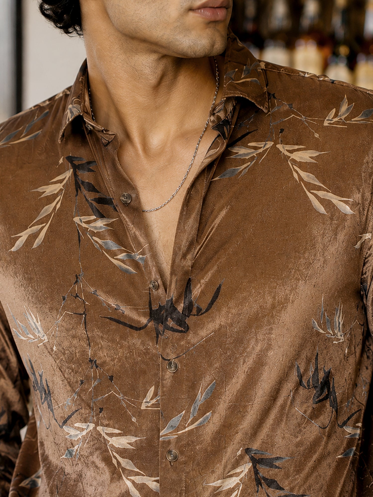 Men Brown Printed Velvet Regular Fit Shirt