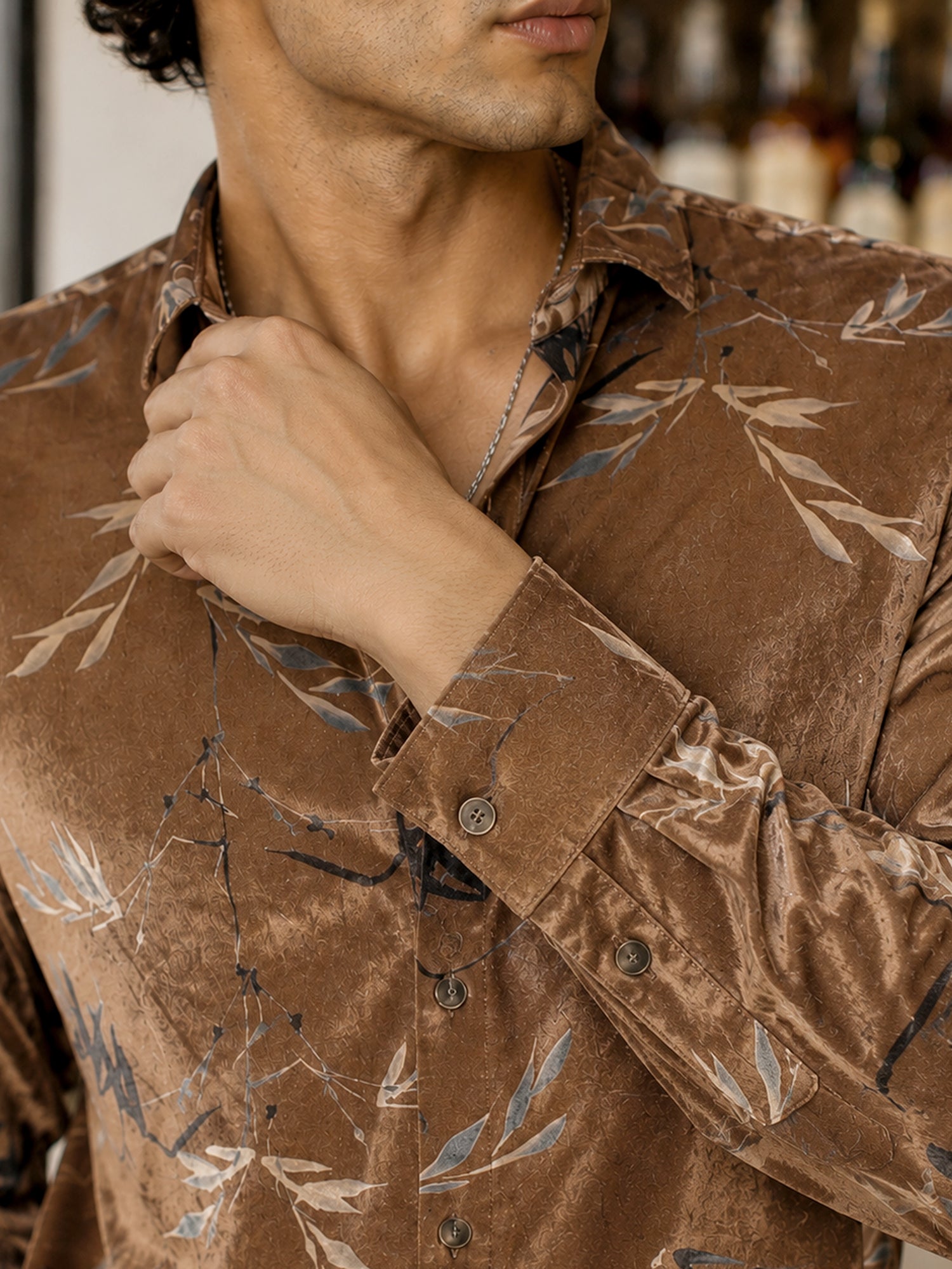 Men Brown Printed Velvet Regular Fit Shirt