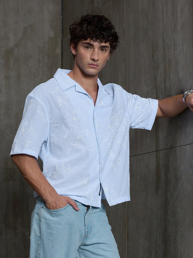 Men Light Blue Floral Print Relaxed Casual Shirt