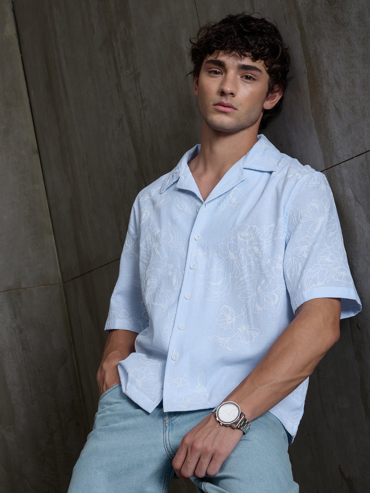 Men Light Blue Floral Print Relaxed Casual Shirt