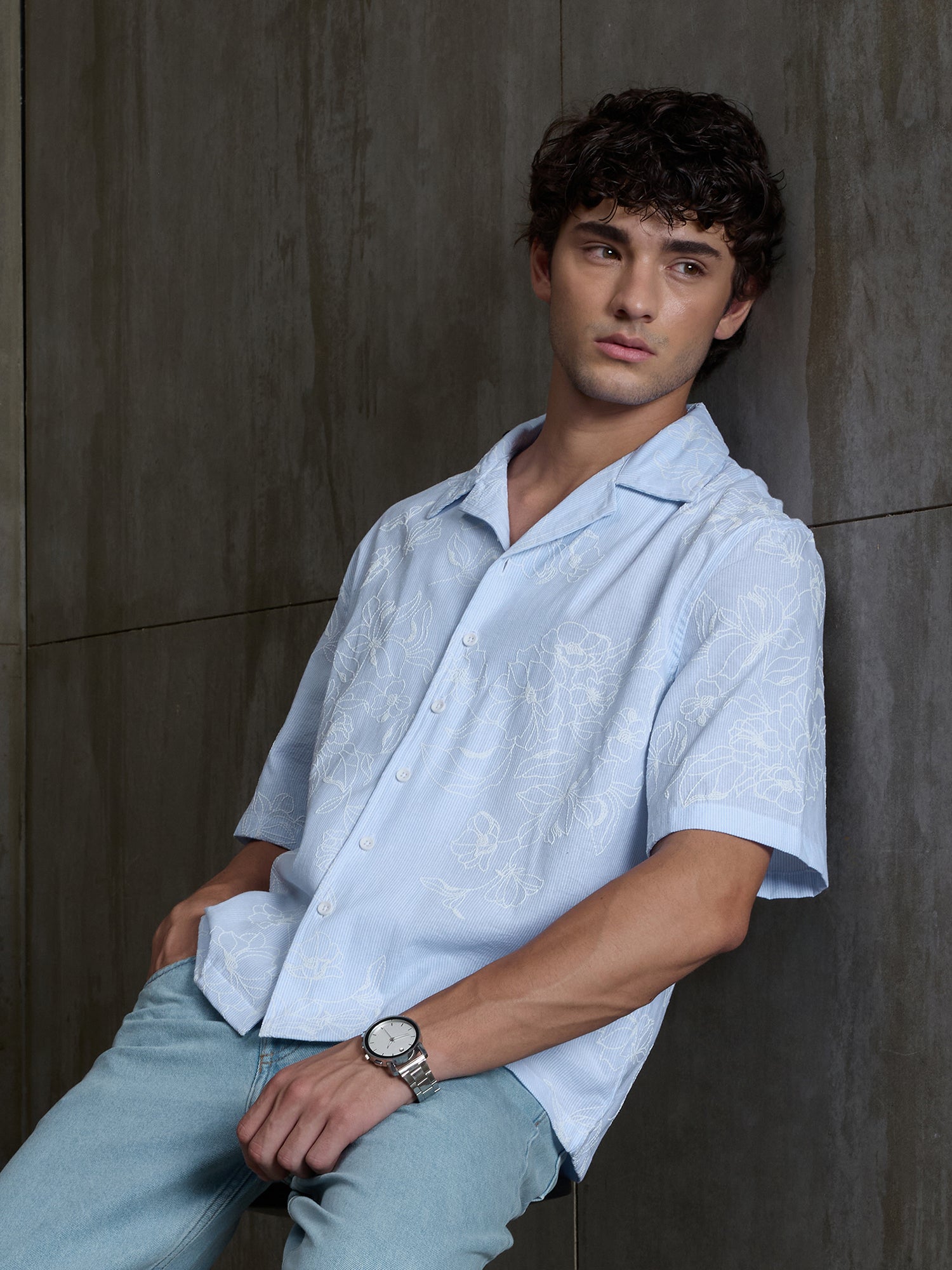 Men Light Blue Floral Print Relaxed Casual Shirt