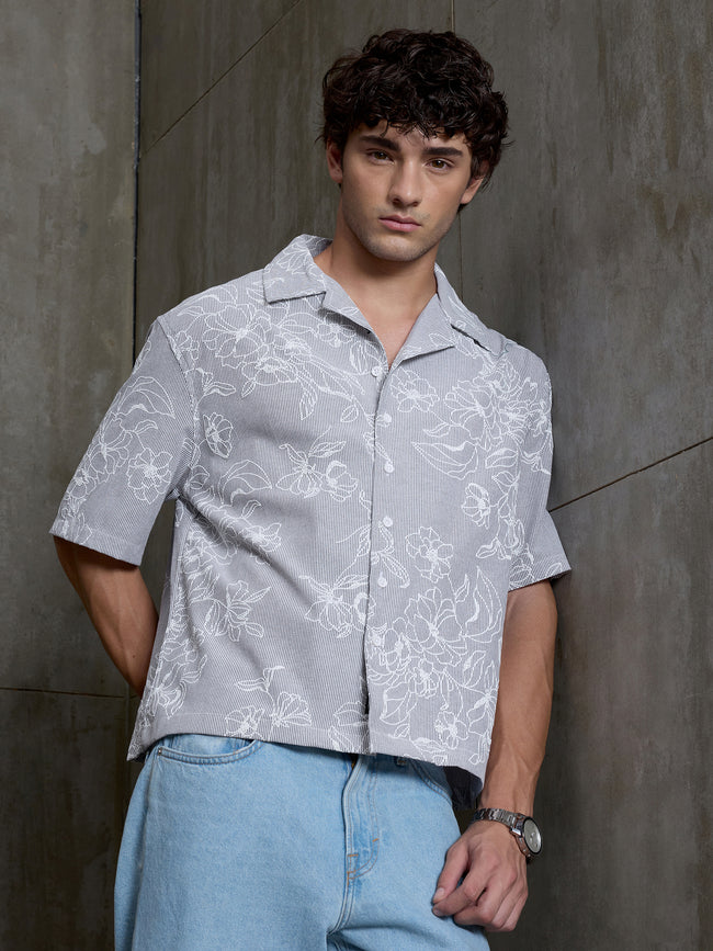 Men Grey Floral Striped Relaxed Half Sleeve Casual Shirt