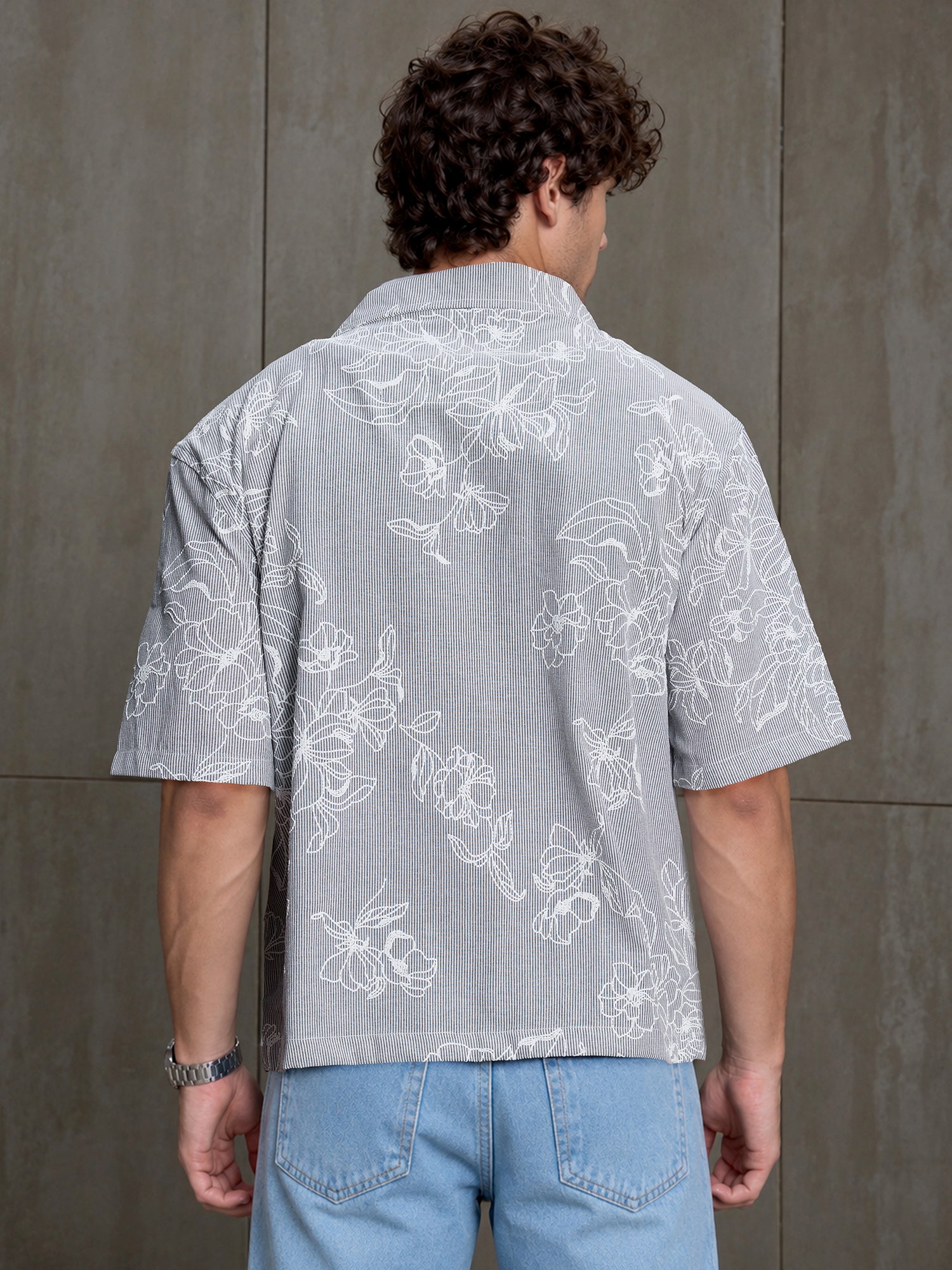 Men Grey Floral Striped Relaxed Half Sleeve Casual Shirt