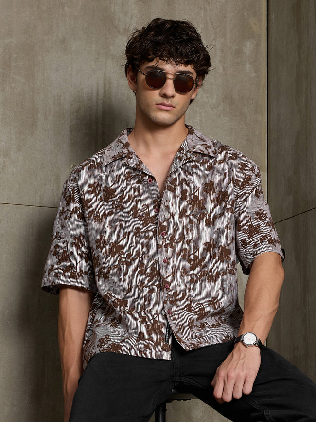Men Brown Floral Print Relaxed Casual Shirt