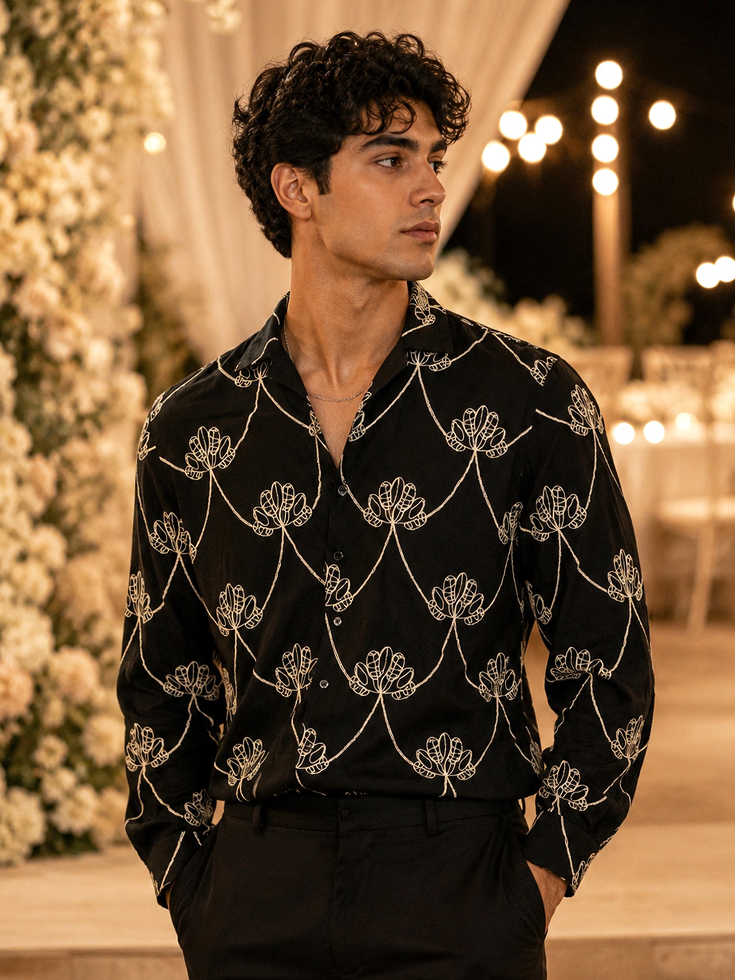 Men Black Floral Print Full Sleeves Shirt