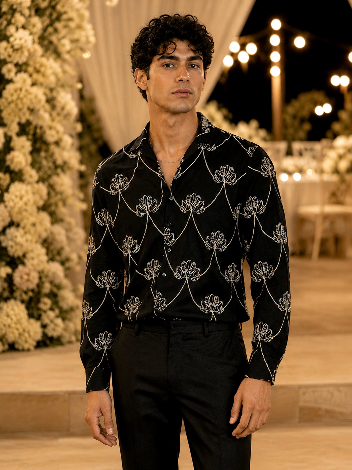 Men Black Floral Print Full Sleeves Shirt