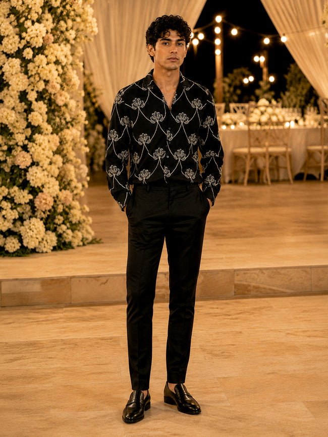 Men Black Floral Print Full Sleeves Shirt