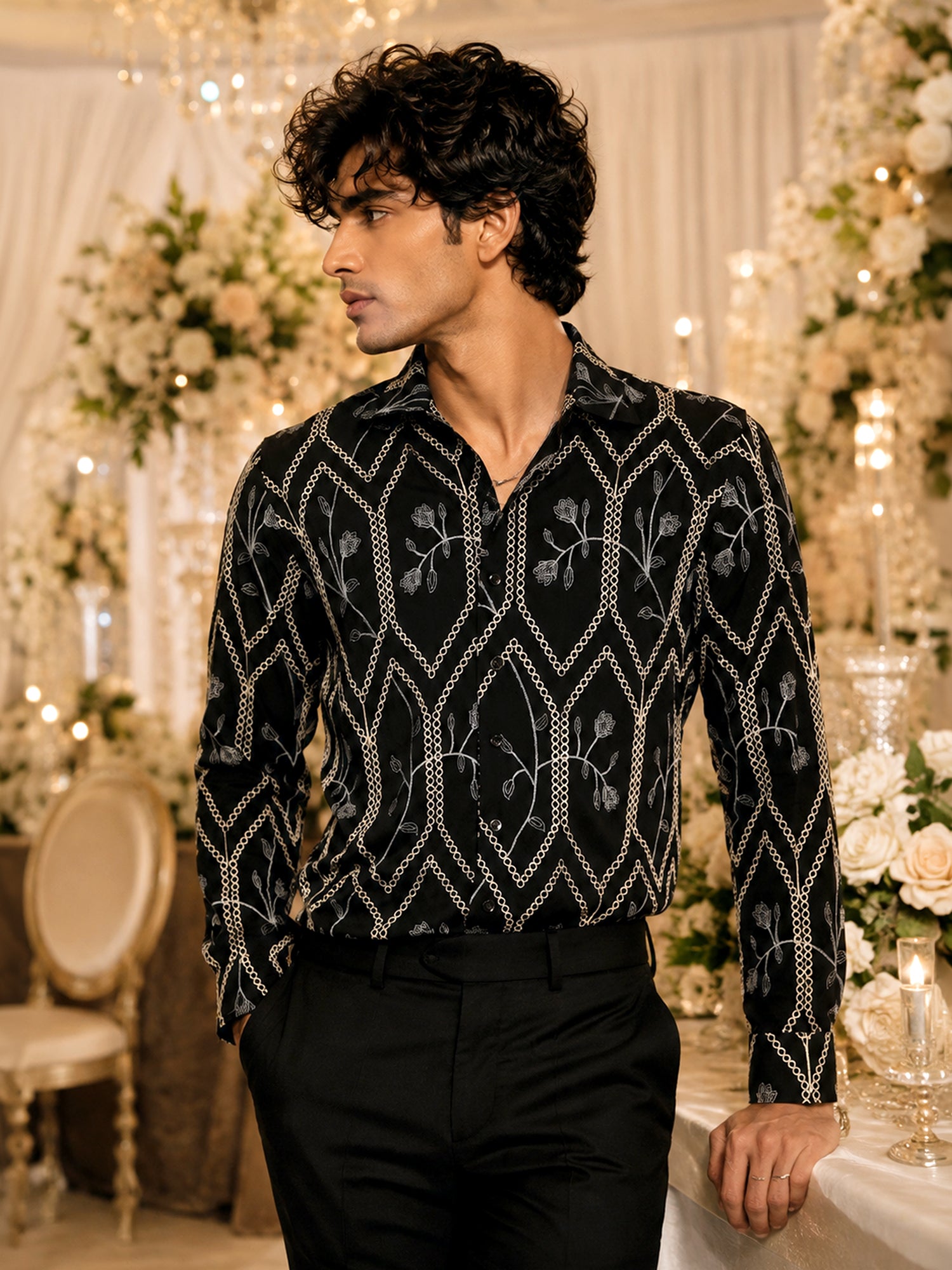 Men Black Embroidered Festive Wear Shirt
