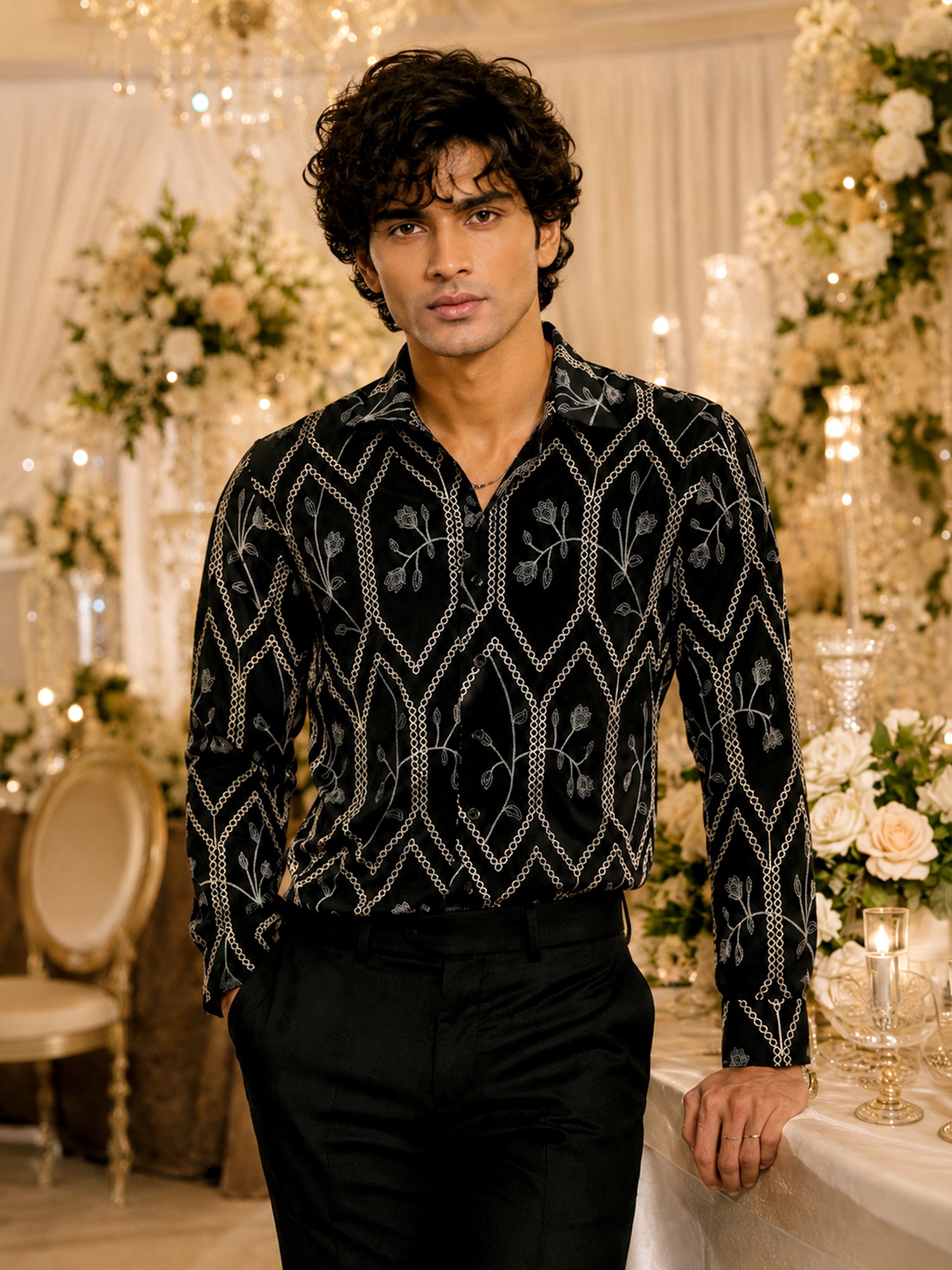 Men Black Embroidered Festive Wear Shirt