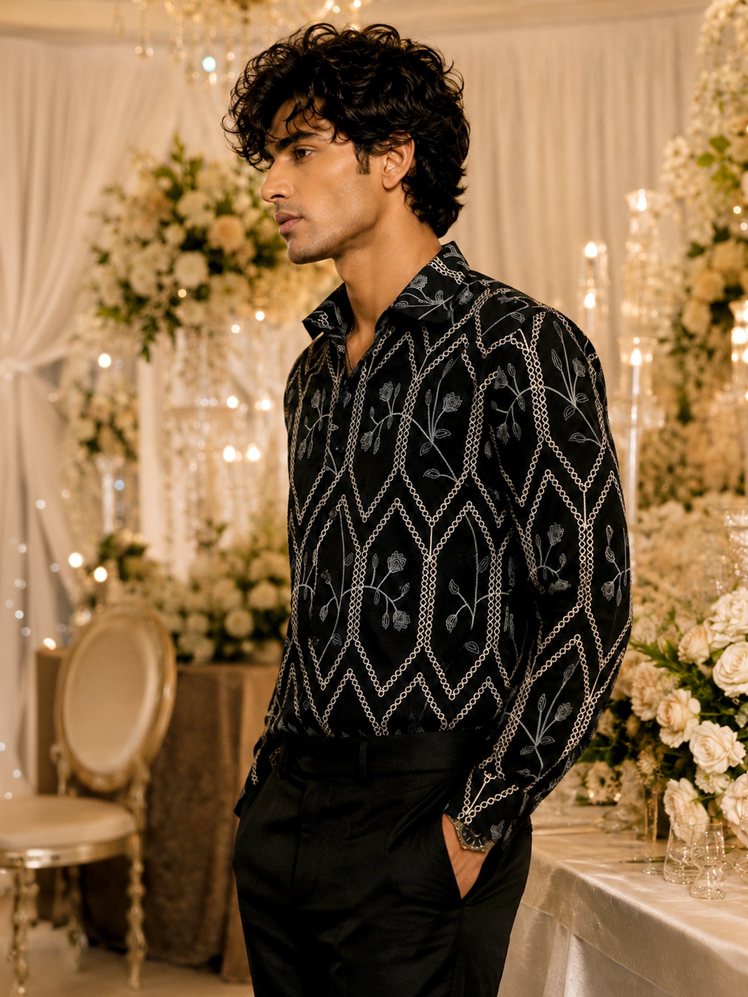 Men Black Embroidered Festive Wear Shirt