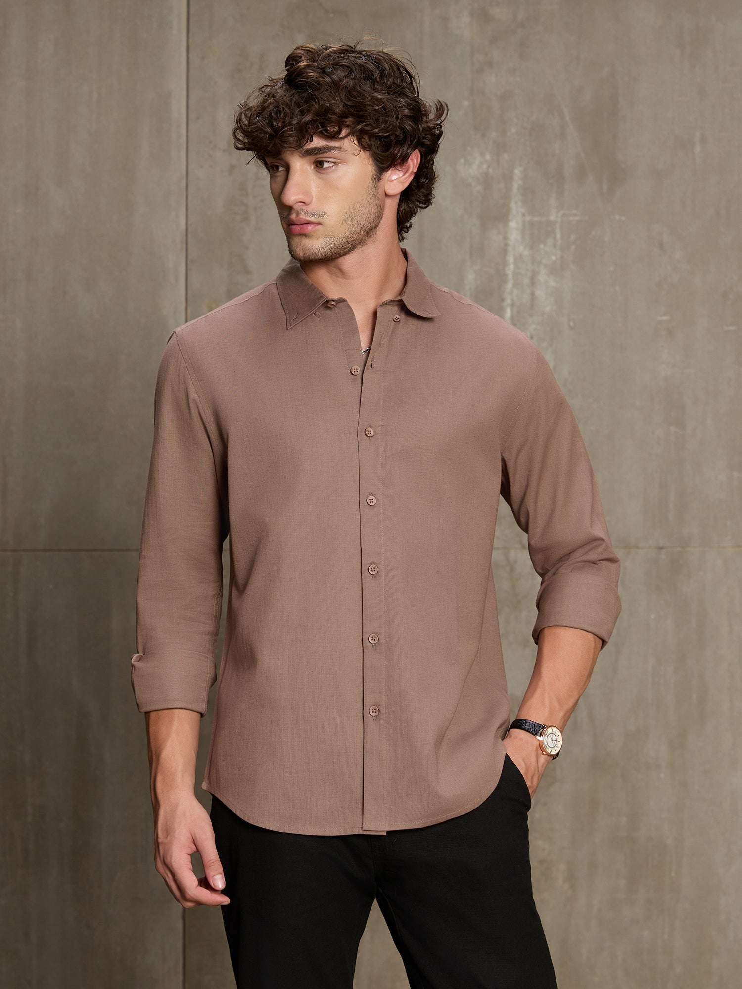 Men Light Brown Solid Full Sleeve Casual Shirt
