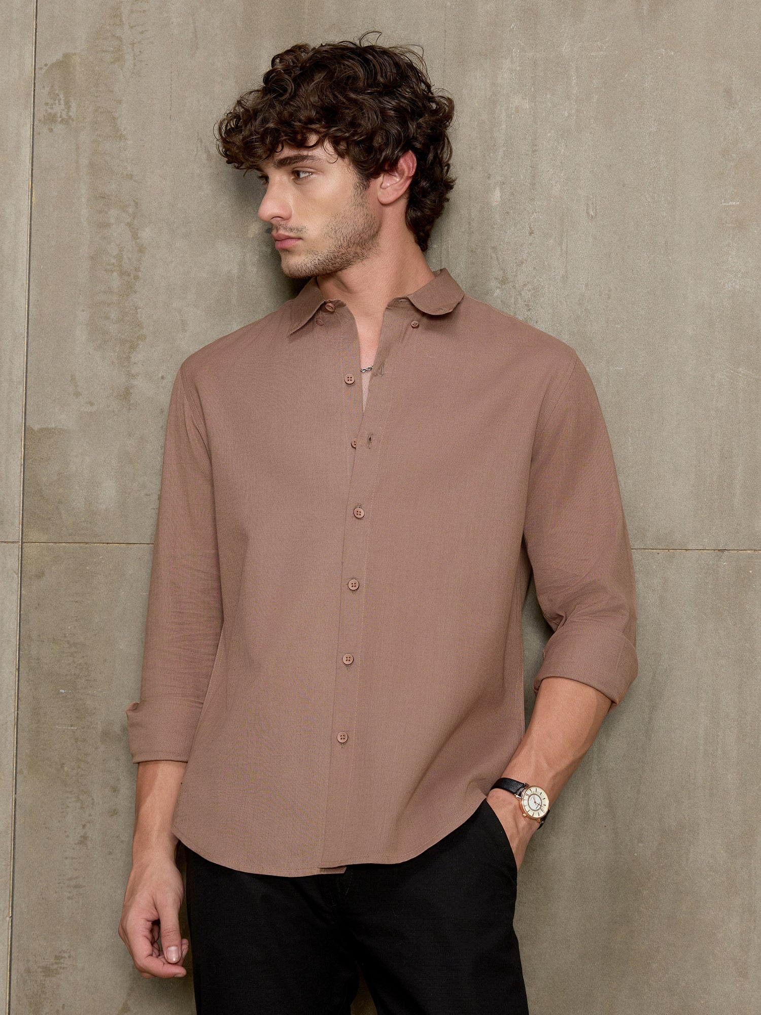 Men Light Brown Solid Full Sleeve Casual Shirt