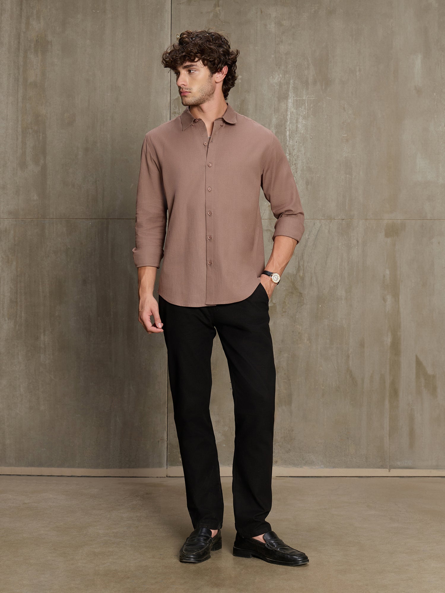 Men Light Brown Solid Full Sleeve Casual Shirt